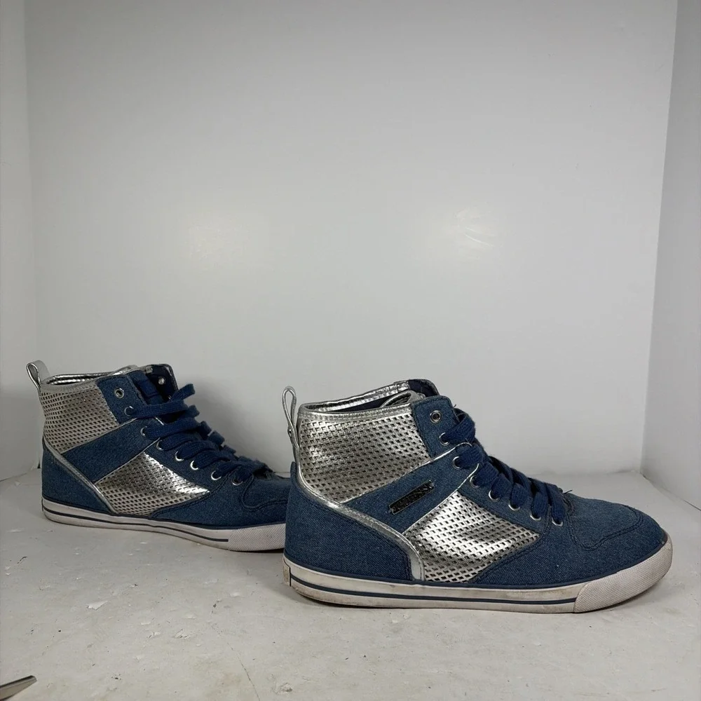 Size 9 M GUESS Krysta High Top Blue Denim‎ Silver Metallic Sneakers Y2K